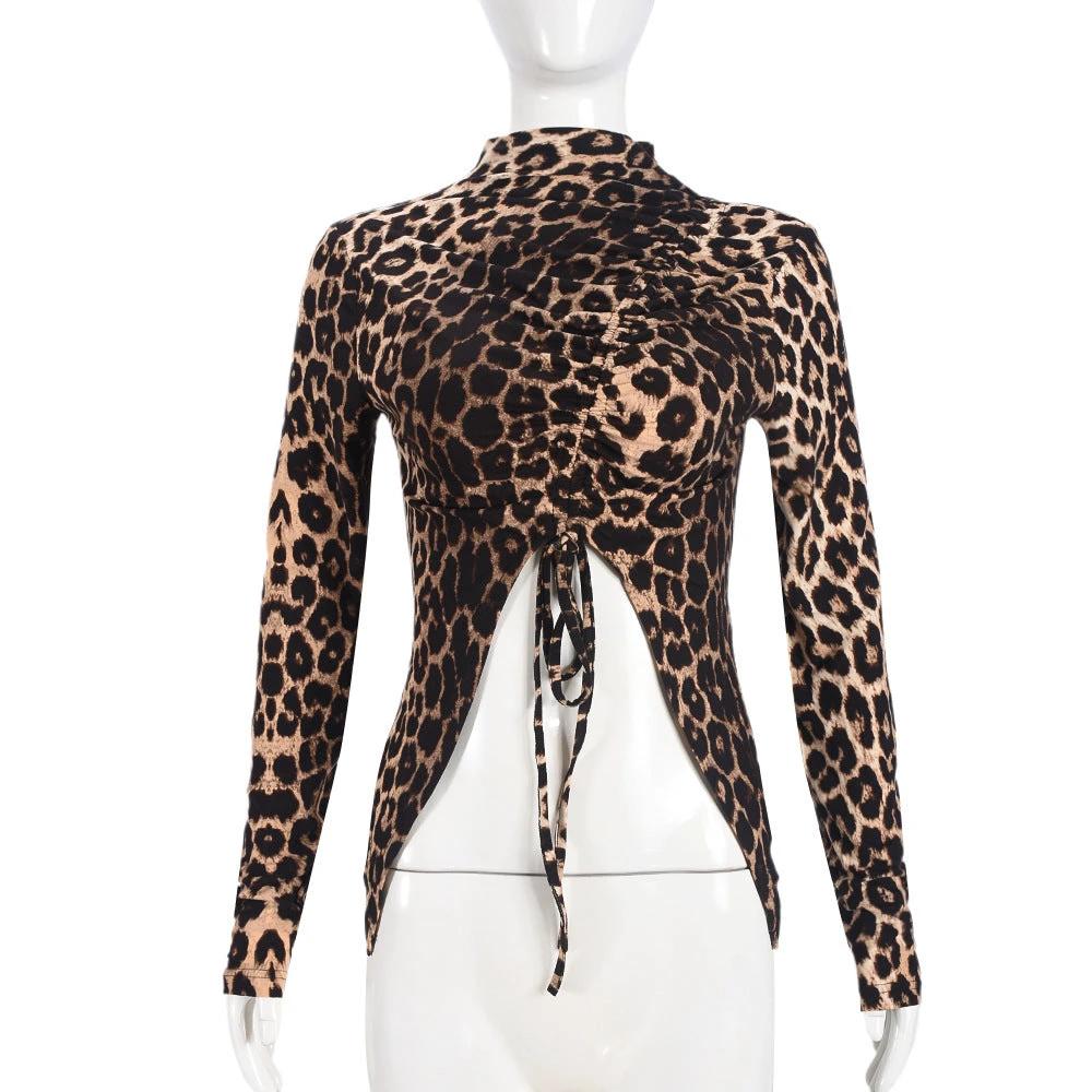 Female Leopard Print Drawstring Versatile Tight Long Sleeved Shirt by GJG Denim
