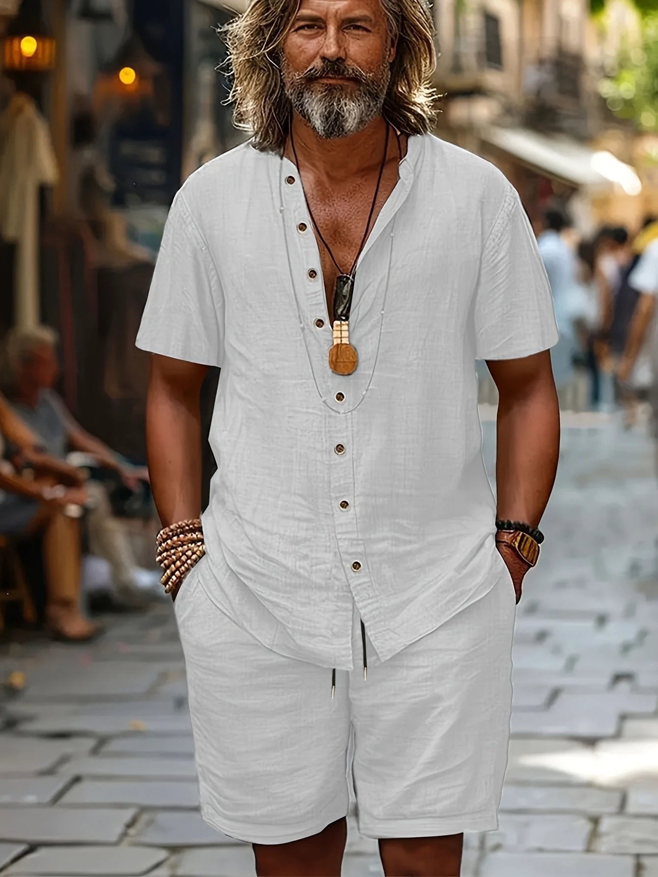 Cotton-linen Short-sleeve Shirt And Loose-fitting Shorts Two-piece Set For Men by GJG Denim