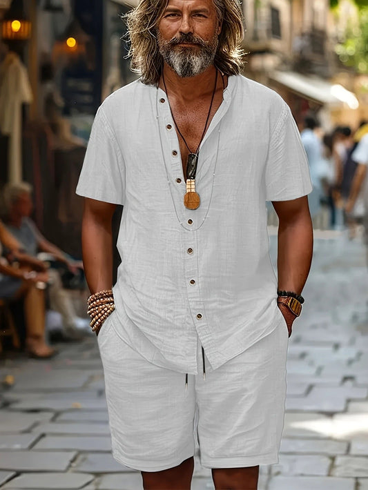 Cotton-linen Short-sleeve Shirt And Loose-fitting Shorts Two-piece Set For Men by GJG Denim