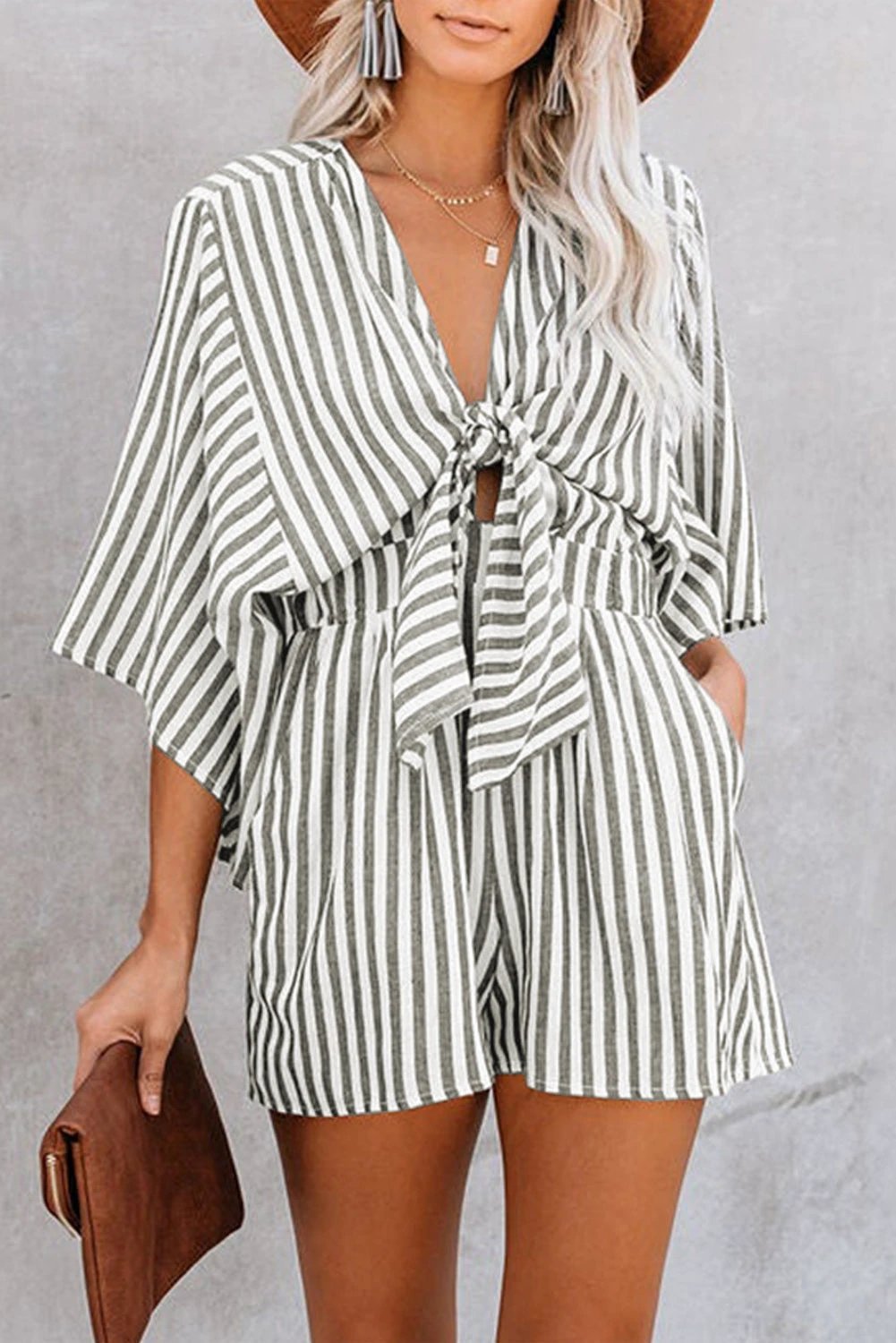 Bow Striped Kimono Sleeve Romper by Lady Ros