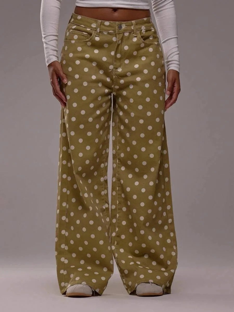 Casual Polka Dot Mid-rise Non-stretch Jeans by GJG Denim
