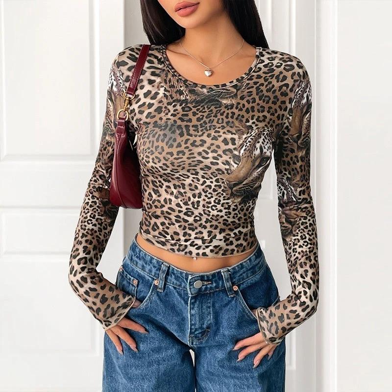Women's Vintage Leopard Print Long-sleeved T-shirt by GJG Denim