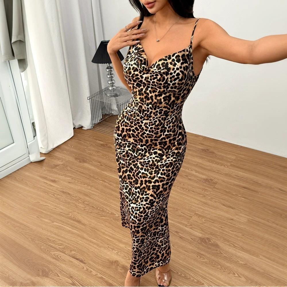 Backless Swing Collar Vacation Sexy Leopard Strap Dress by GJG Denim