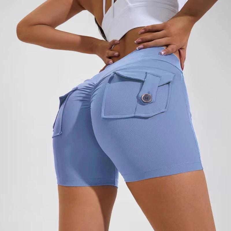 High Waist Hip Lifting Shorts With Pockets Quick Dry Yoga Fitness Sports Pants Summer Women Clothes by GJG Denim