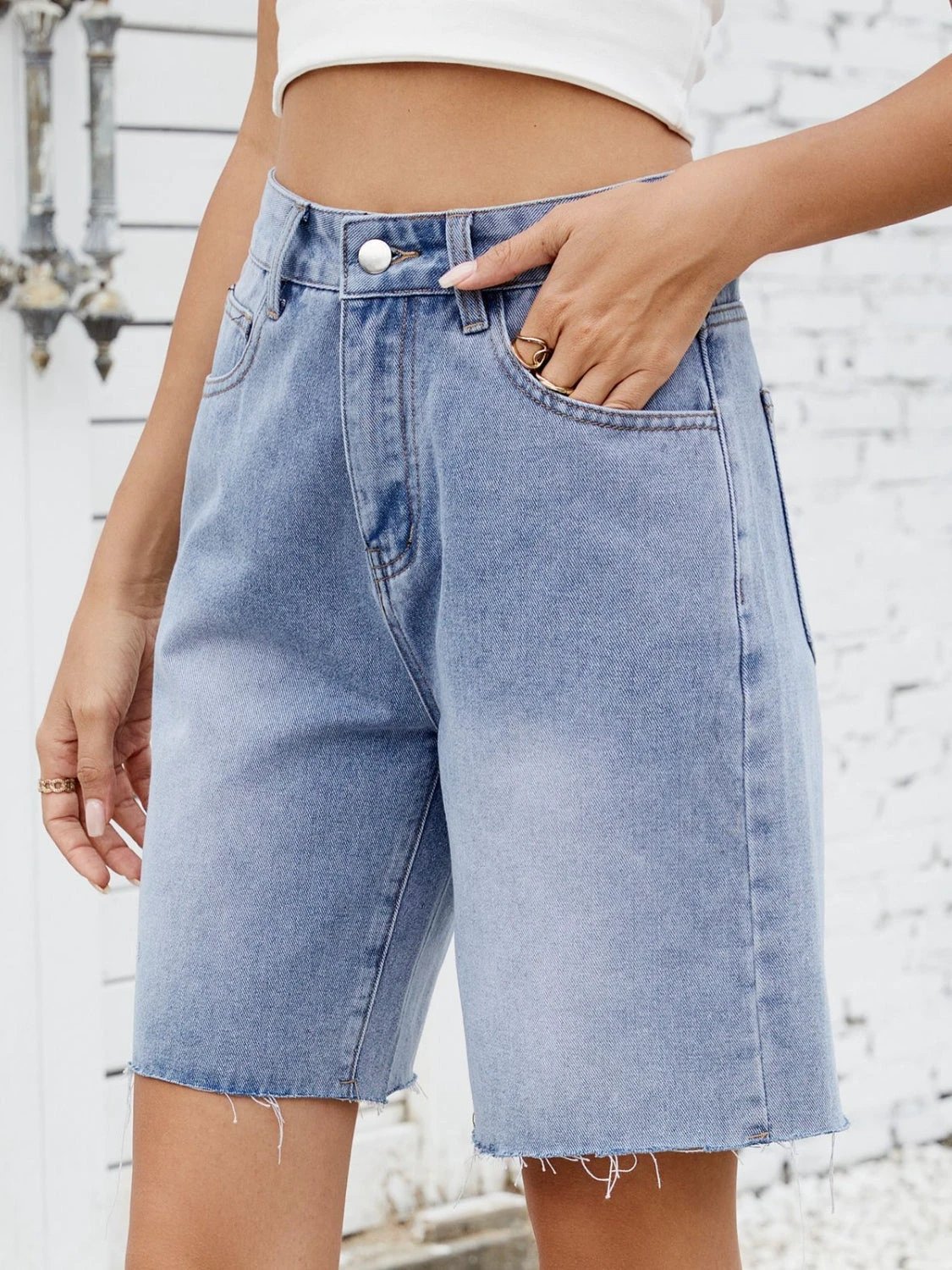 Washed Raw Hem Denim Shorts by Lady Ros