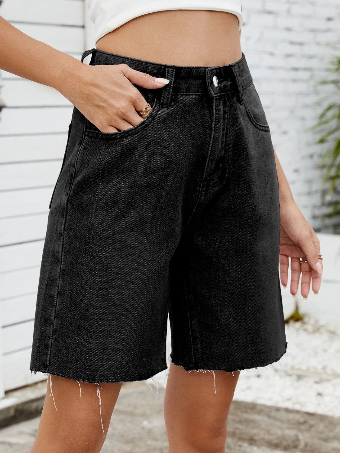 Washed Raw Hem Denim Shorts by Lady Ros