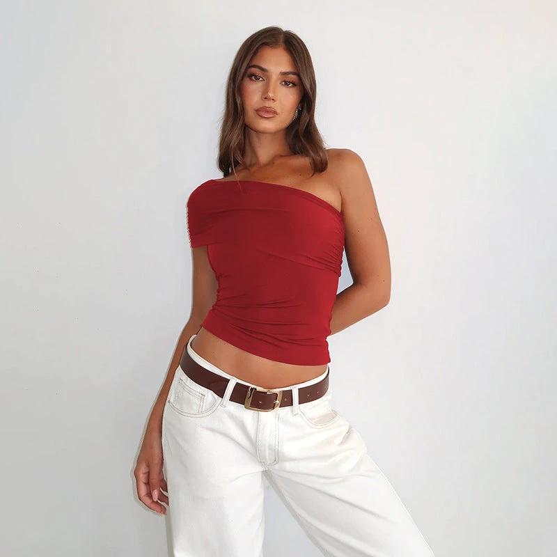 Cloud Sense Oblique Shoulder Fitted Waist Pleated T-shirt by GJG Denim
