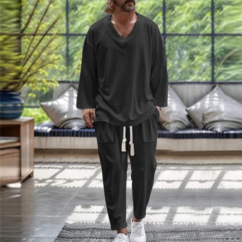 Men's Solid Color V-Neck Pullover Short-Sleeve Drawstring Pocket Design Pants Set by GJG Denim