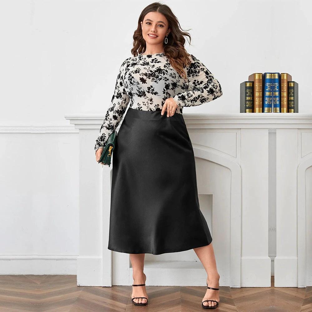 High Waist Zipper Large Hem Satin Satin Temperament Skirt by GJG Denim