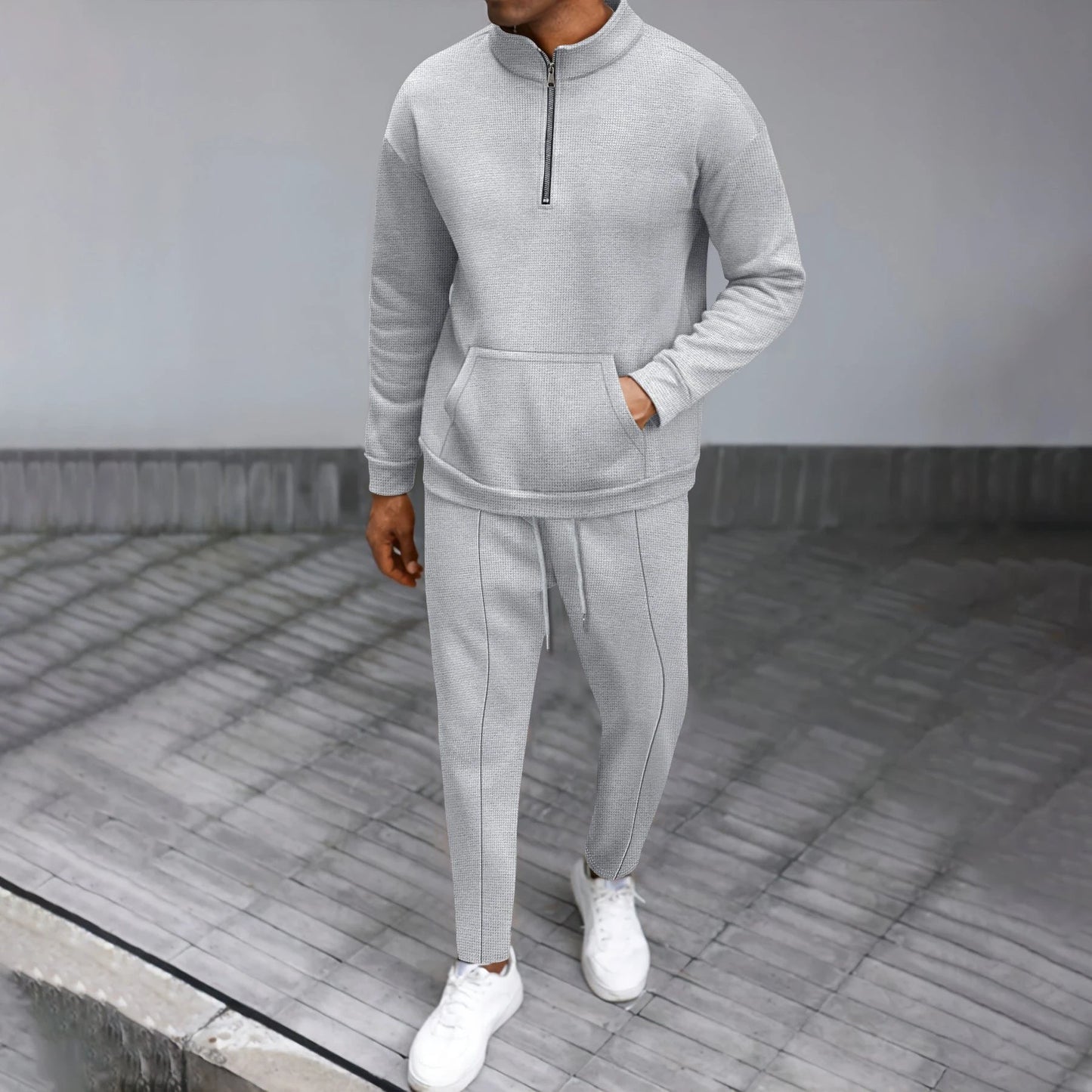 Turtleneck Half Zip Pocket Long Sleeve Sweater Trousers Casual Suit by GJG Denim
