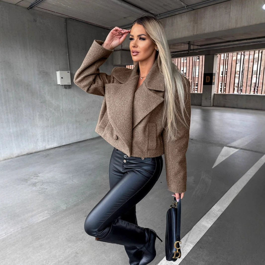 Trendy Woolen Cropped Oversized Coat With A Stand-up Collar In A Solid Color by GJG Denim