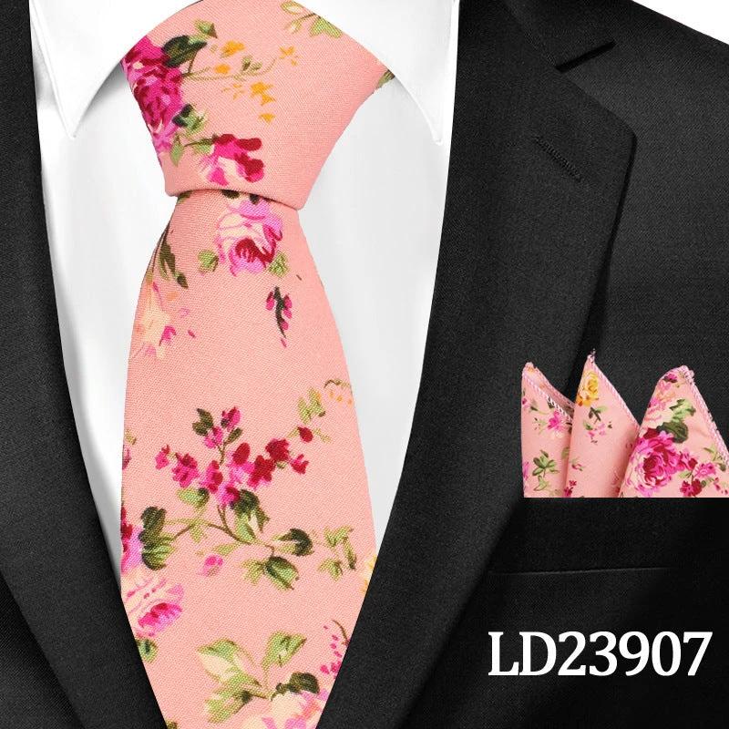 Men's Casual Cotton Floral Print 6cm Tie and Pocket Square by GJG Denim