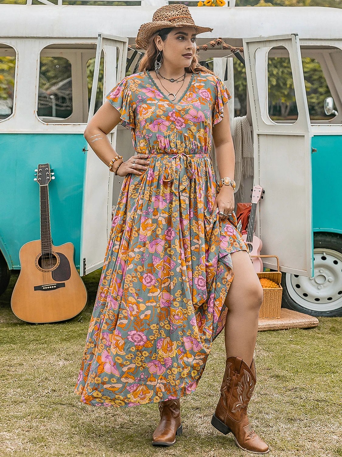 Plus Size Ruffled Printed Cap Sleeve Dress by Lady Ros