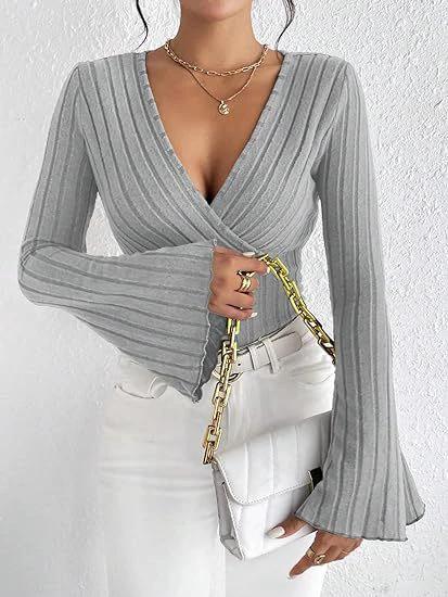 Women's Autumn And Winter Rib Sunken Stripe V-neck Flared Slim-fit Long Sleeve T-shirt Elegant Women's Top by GJG Denim