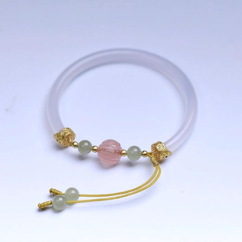 Natural White Agate Half Bracelet With South Red Lotus Beads Accessories S925 Silver by GJG Denim