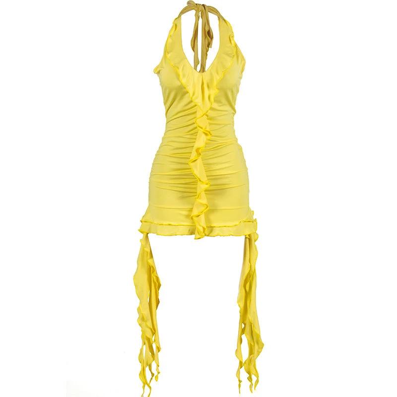 Low Necked Wooden Ear Edge Irregular Wrap Buttocks Short Dress by GJG Denim