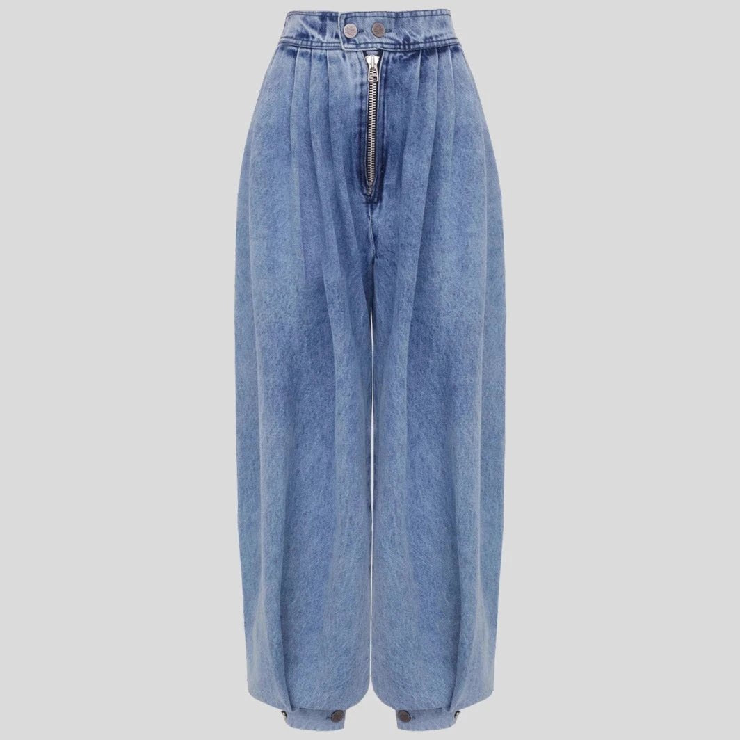 High Waist Zipper Denim Loose Harem Pants by GJG Denim