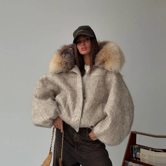 Womens Stylish Woolen Coat With A Big Fur Collar And Zipper by GJG Denim