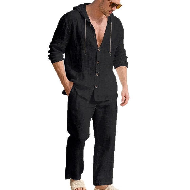 Loose, Breathable Linen Casual Hooded Long-sleeve Shirt And Pants Set by GJG Denim