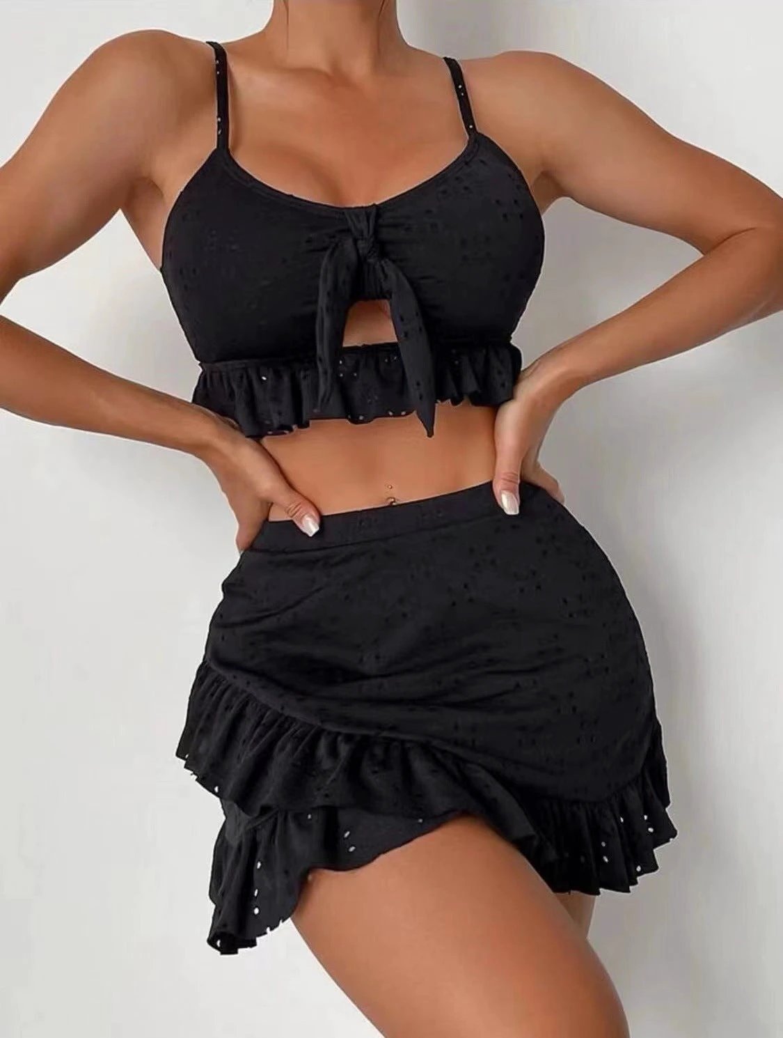 3pcs Beach Bikini With Hip-hugging Skirt Fashion Ruffle Design Swimsuit Set Summer Womens Clothing by GJG Denim