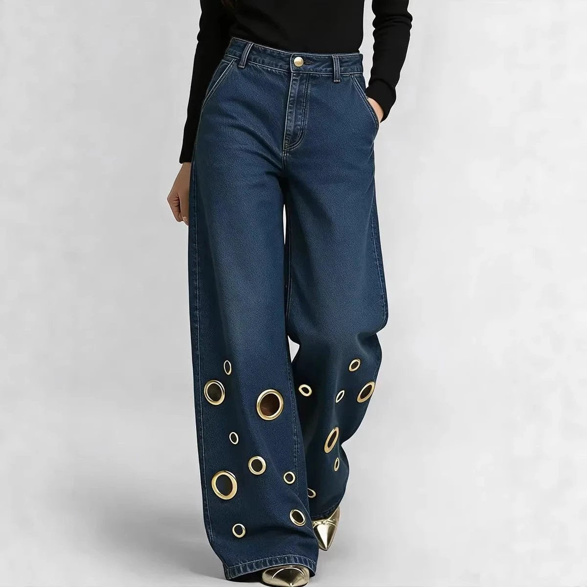 High-waisted Loose-fit Denim Jeans With Cutout Detailing And Metal Eyelets by GJG Denim