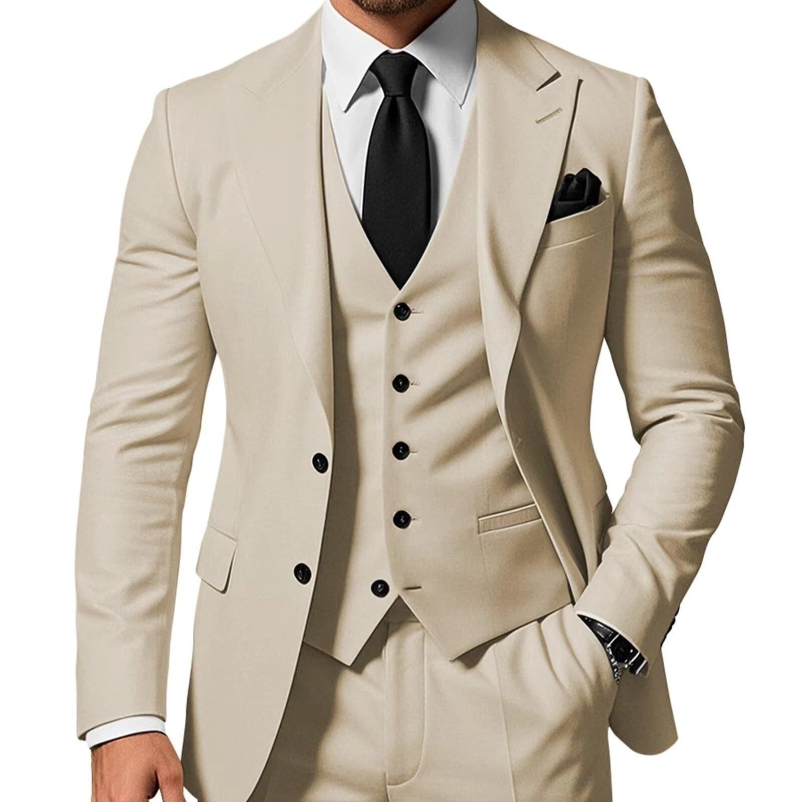 Men's Solid Color 2-piece Buckle Casual Jacket Vest Pants Suit by GJG Denim