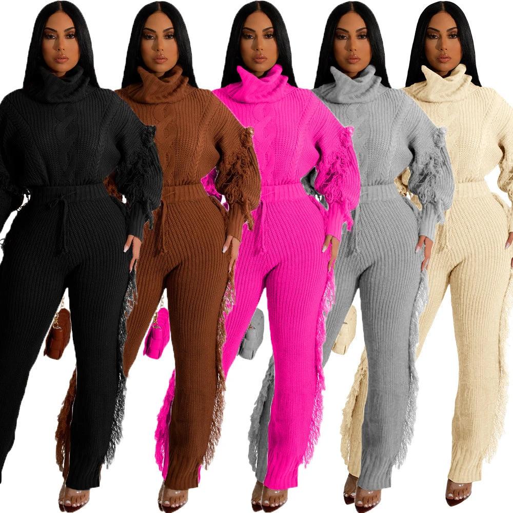 Casual Solid Color Knitted Long Sleeve Turtleneck Tassel Suit by GJG Denim