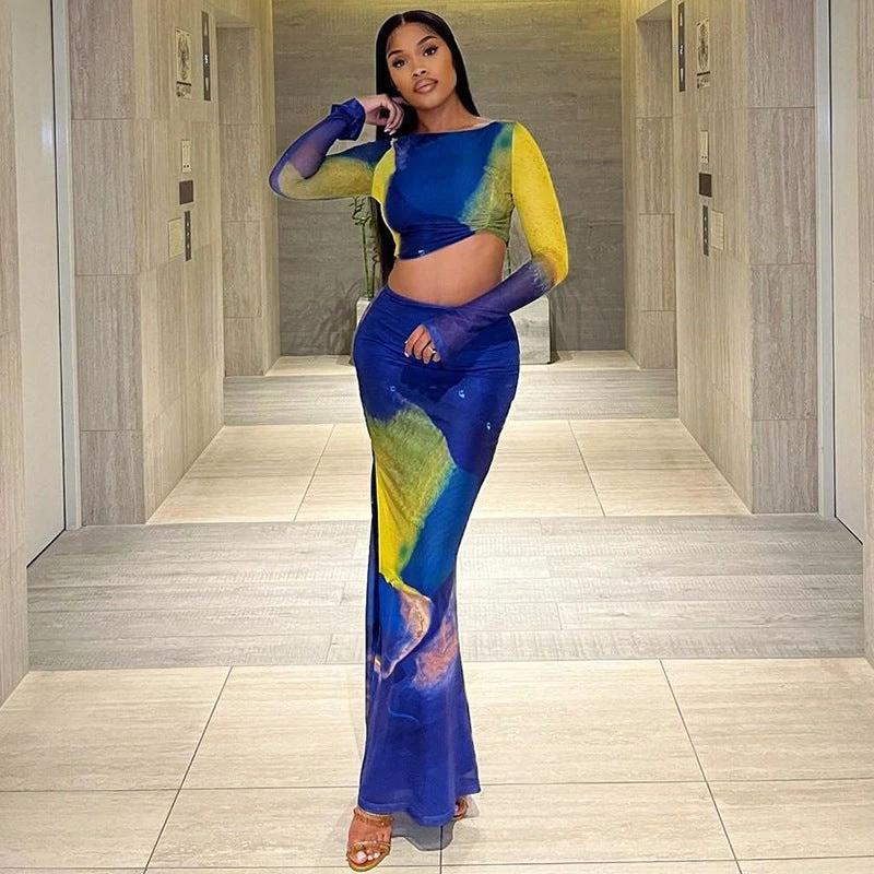 Printed Long Bell Sleeve top and long Skirt Set by GJG Denim