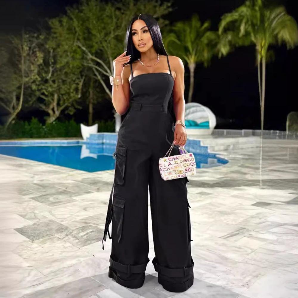 Tube Top Multi-pocket Cargo Wide Leg Jumpsuit by GJG Denim