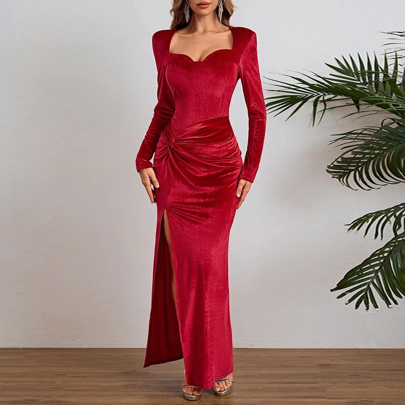 Socialite Style Elegant Long Sleeve Velvet Slit Formal Dress by GJG Denim