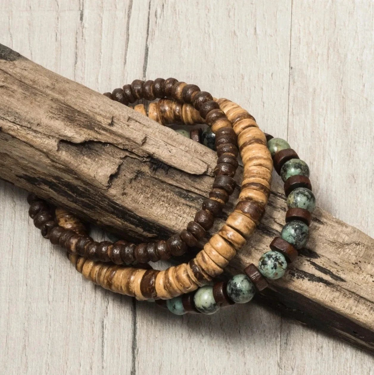 Retro Men's Coconut Wood Multi-Layer Stackable Bracelet Set by GJG Denim