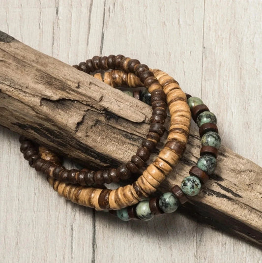 Retro Men's Coconut Wood Multi-Layer Stackable Bracelet Set by GJG Denim