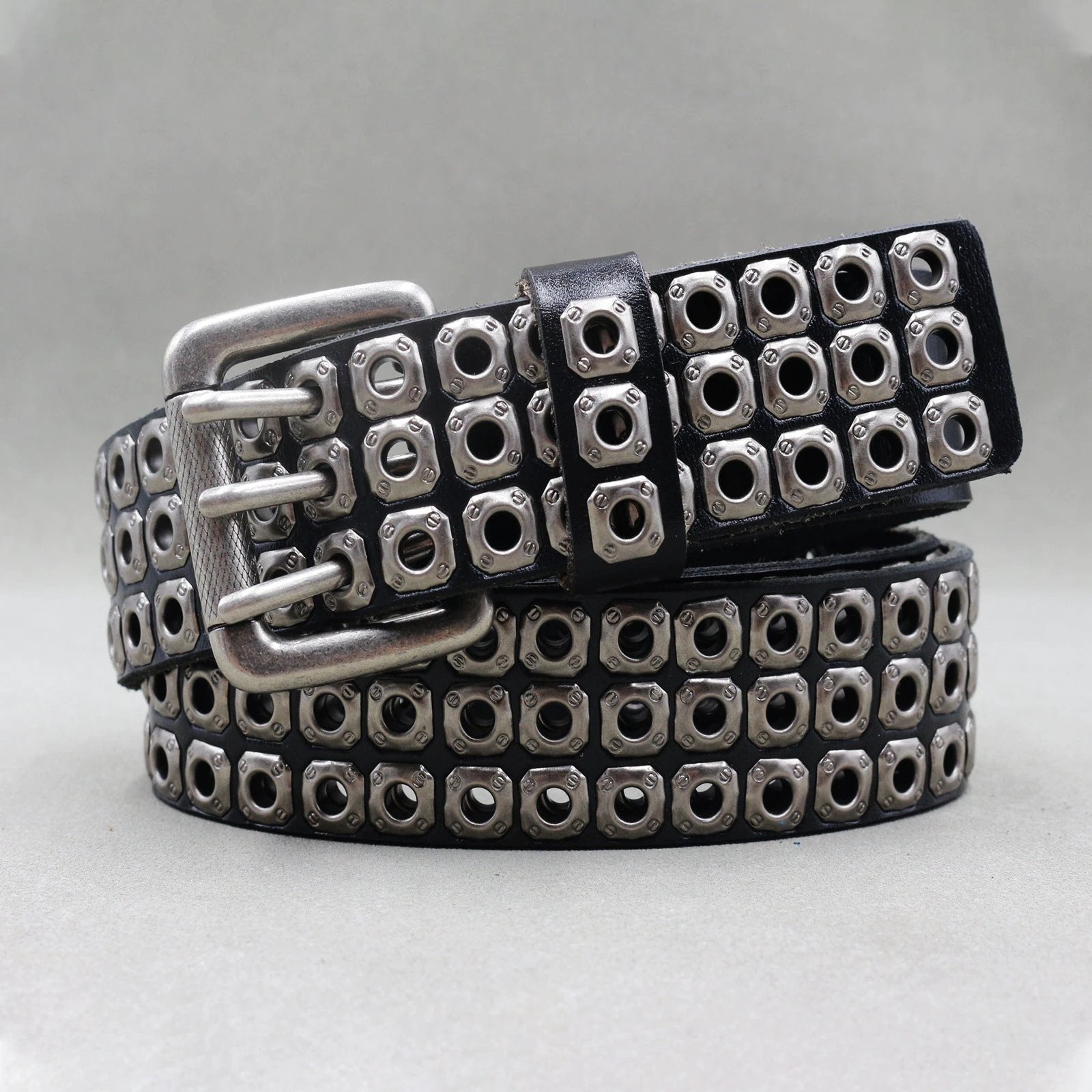 Men's Punk Eyelet Hollow-out Rivets Real Cowhide Belt by GJG Denim