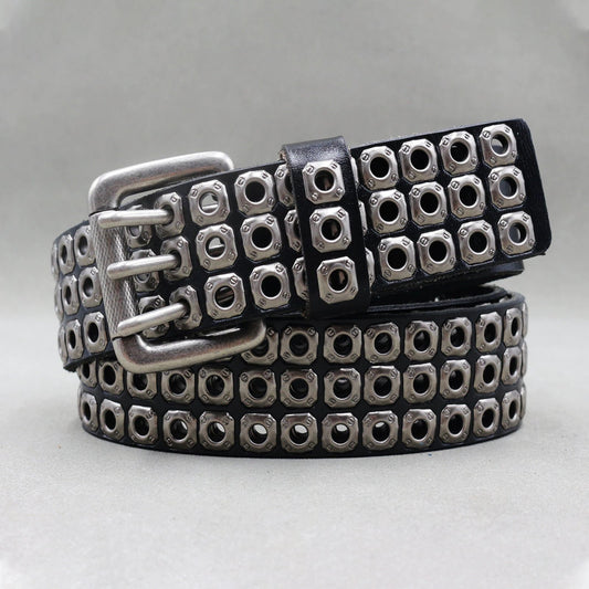Men's Punk Eyelet Hollow-out Rivets Real Cowhide Belt by GJG Denim