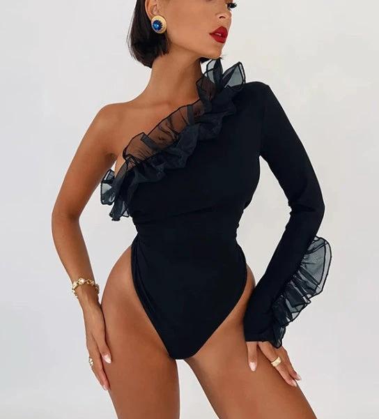 Women's Fashion Mesh Ruffle Fly One Shoulder Sleeve Slant Collar Slim Bodysuit T-Shirt Women by GJG Denim
