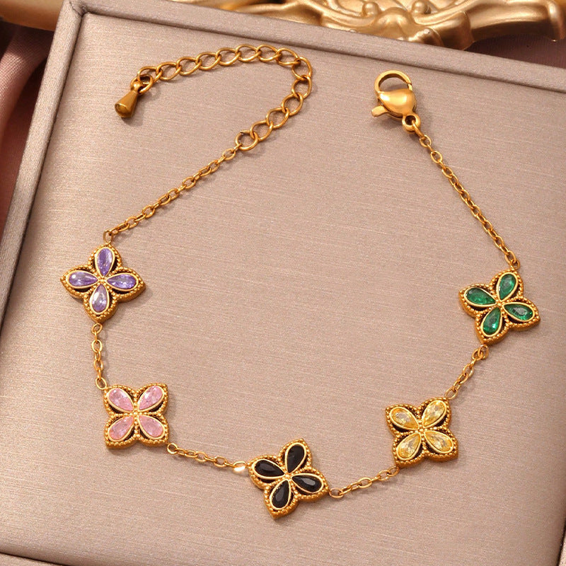 Small Flowers Inlaid Zircon Bracelet For Women by GJG Denim
