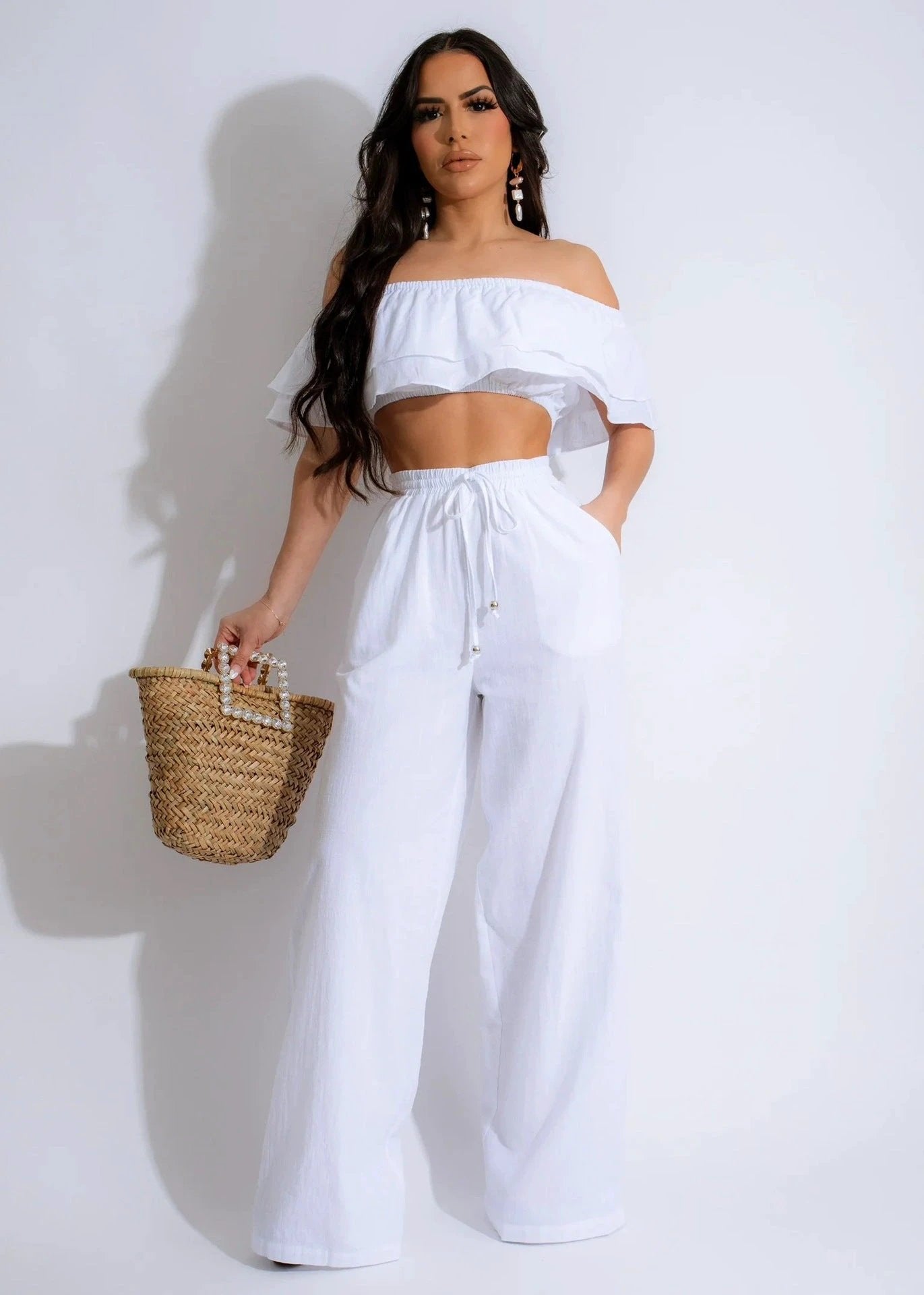 Off-shoulder Ruffled Short Top And Wide-leg Long Pants Set by GJG Denim