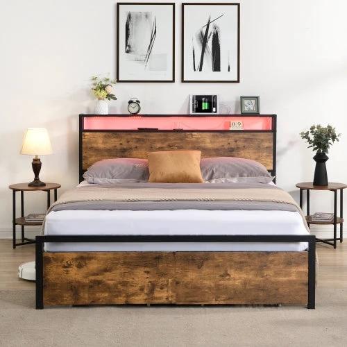 Queen Size Bed Frame With Storage Headboard And 2 Drawers, LED Lights Bed With Charging Station by GJG Denim