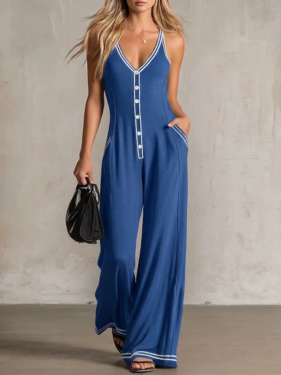 Womens V-Neck Casual Loose Backless Wide-Leg Jumpsuit by GJG Denim