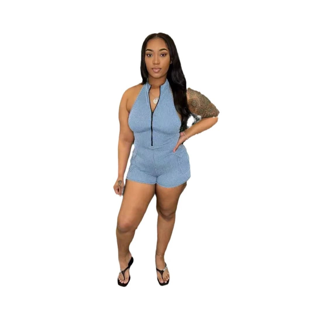 Zipper Sunken Stripe Design Sexy Tight Shorts One-piece by GJG Denim