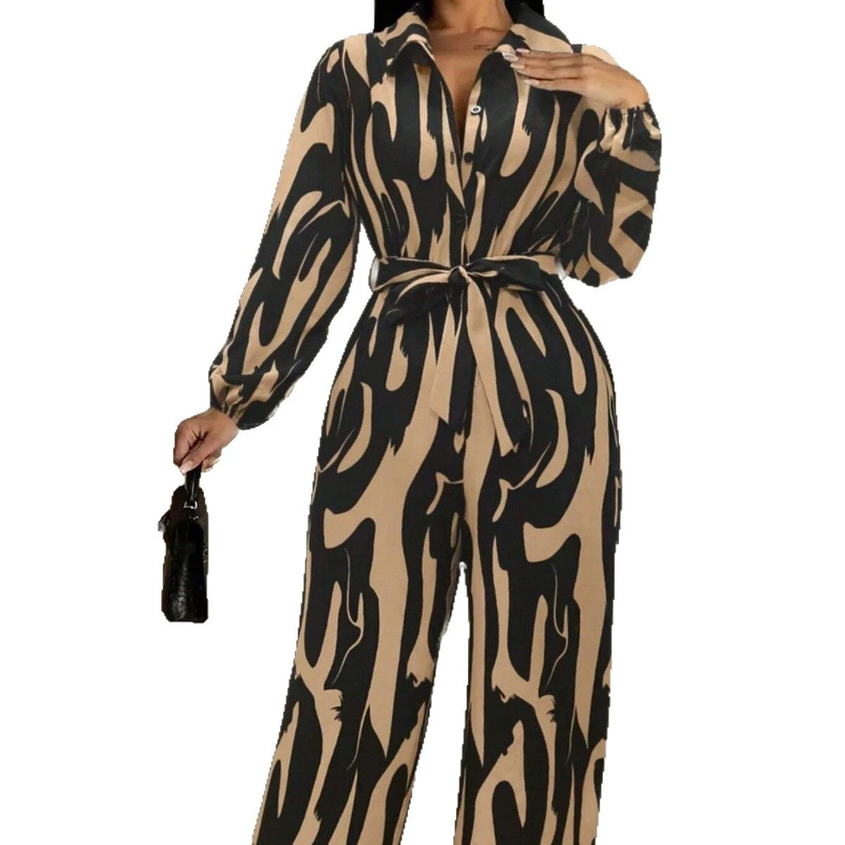 Womens Stylish Wide-leg Jumpsuit With Long Sleeves Floral Print And A Fitted Waist by GJG Denim