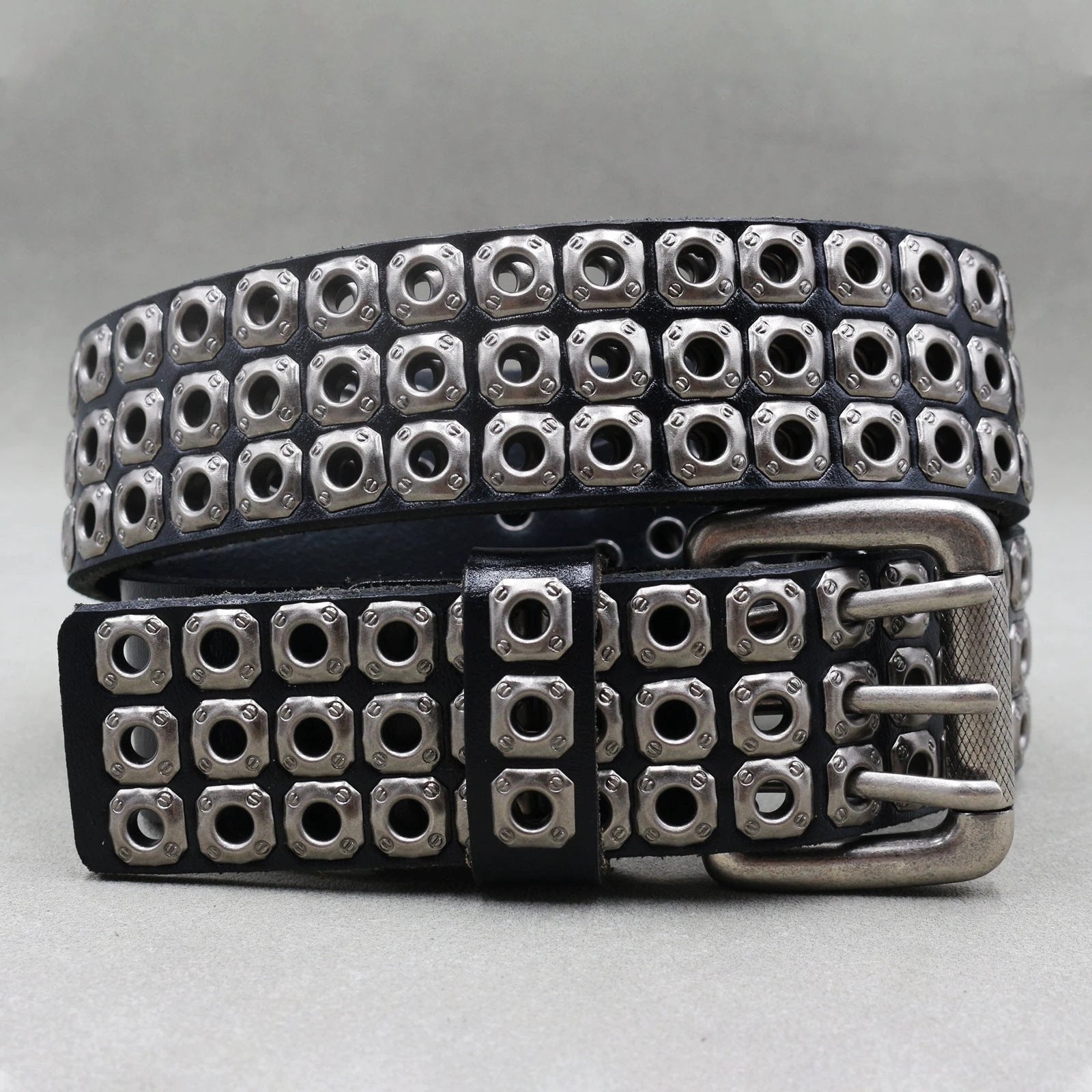 Men's Punk Eyelet Hollow-out Rivets Real Cowhide Belt by GJG Denim
