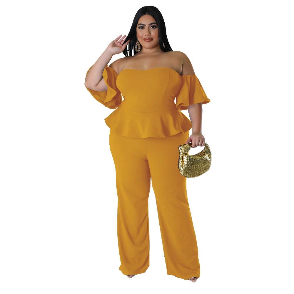 Sexy Off-shoulder Short-sleeve Wide-leg Stretch Jumpsuit by GJG Denim
