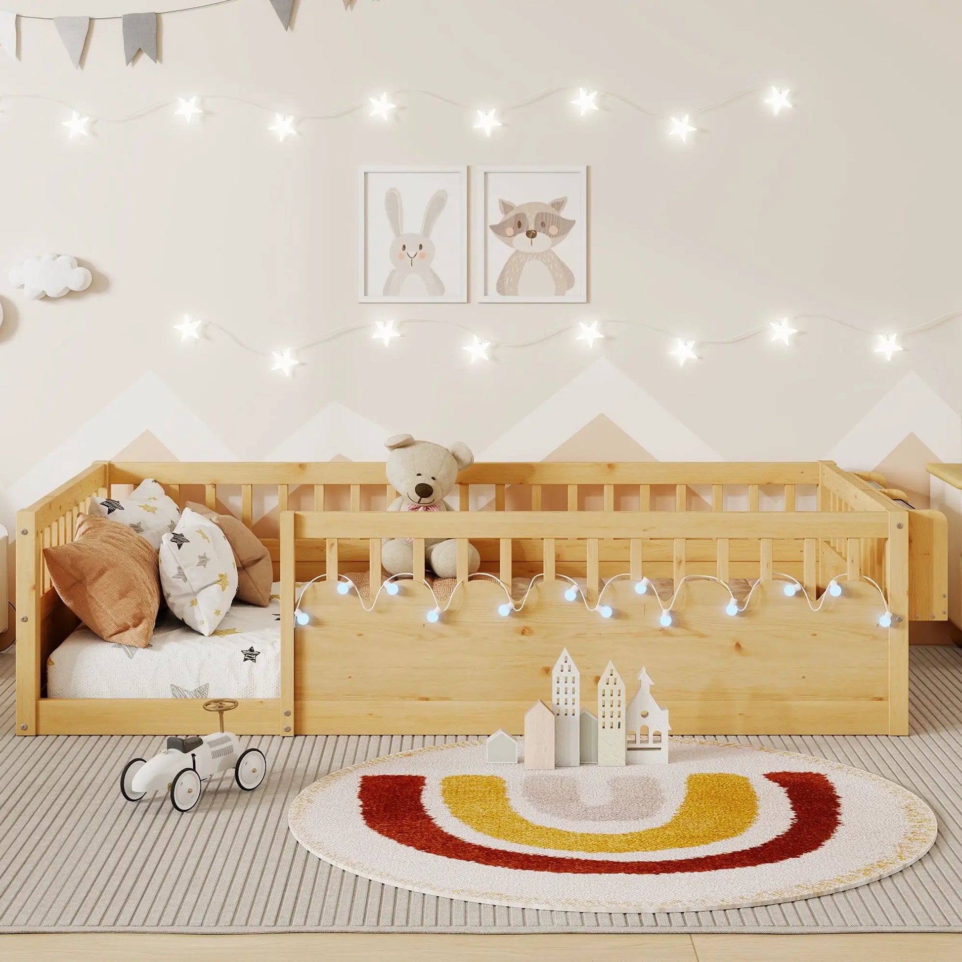 Twin Montessori Floor Bed Frame With High Rails, Wood Kids Floor Beds With Light And Storage Shelf, Natural by GJG Denim