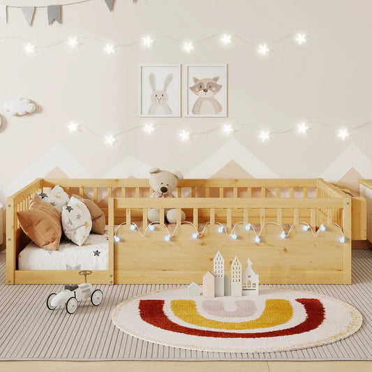 Twin Montessori Floor Bed Frame With High Rails, Wood Kids Floor Beds With Light And Storage Shelf, Natural by GJG Denim