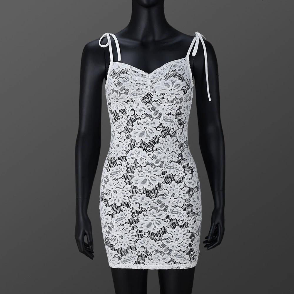 Slim-fit Lace Up Flower Lace Sheath Dress by GJG Denim