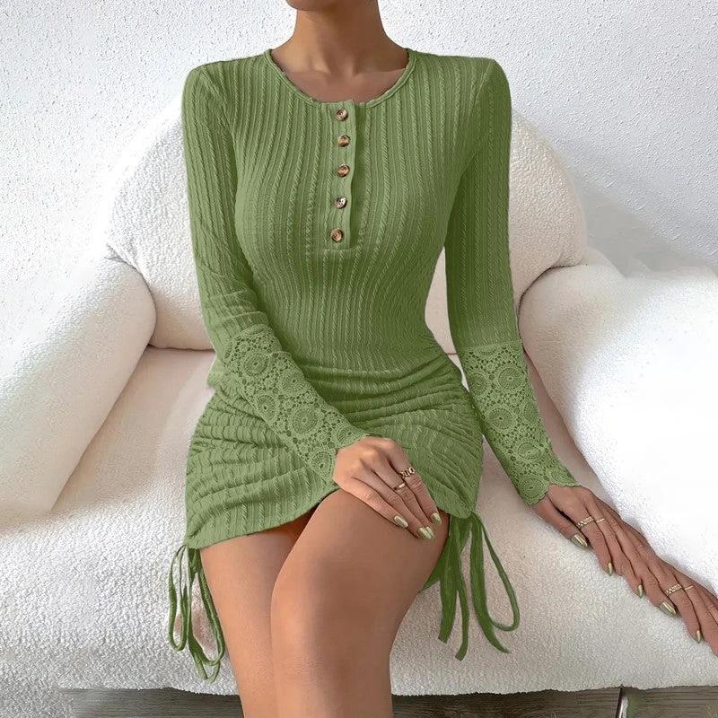Women's Elegant Bodycon Dress - Round Neck With Button Detail, Solid Color Long Sleeve Lace Cuff & Drawstring Hem Holiday Dress by GJG Denim