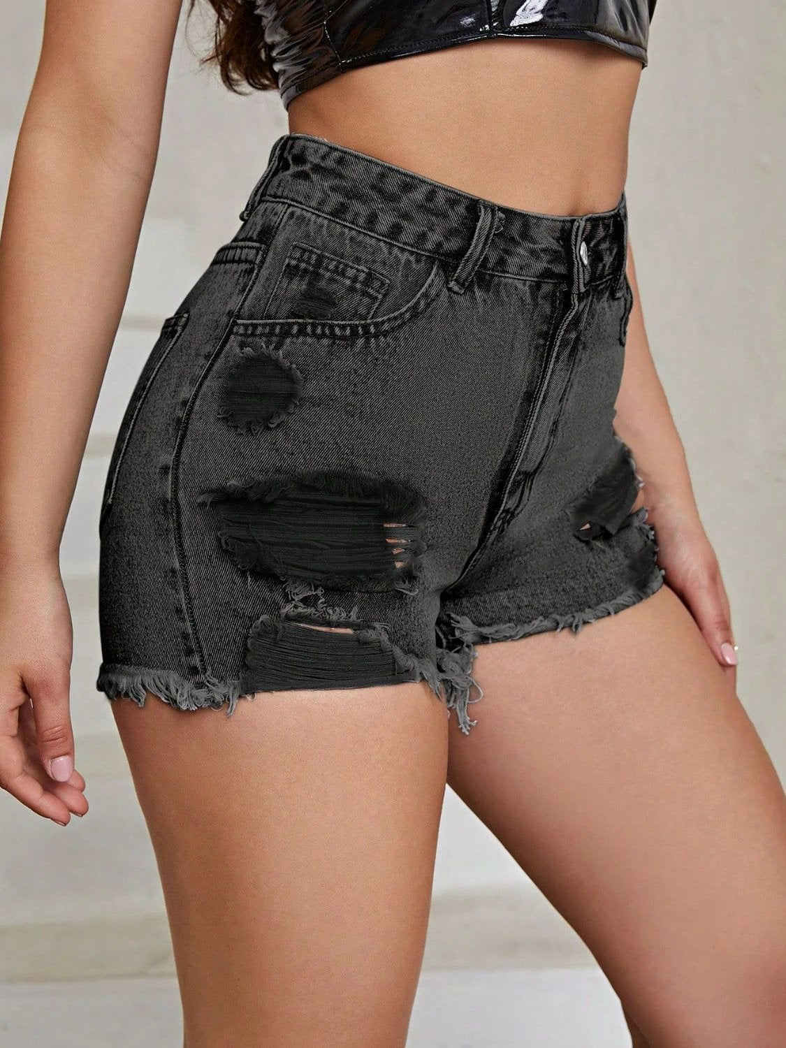 Distressed Raw Hem High Rise Denim Shorts by Lady Ros
