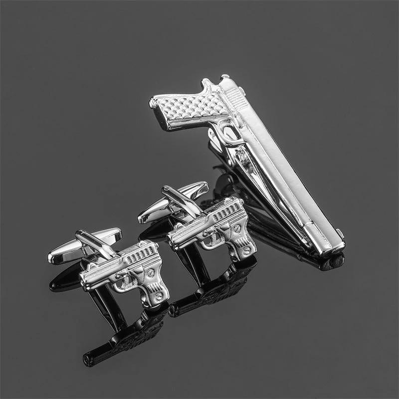 Gold Silver Black Square Brushed Tie Clip And Cufflinks by GJG Denim
