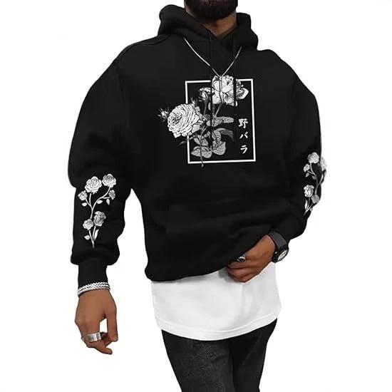 Men's Rose Print Casual Hooded Sweater by GJG Denim